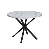 GrandCA HOME Tavolo da Pranzo Rotondo con Piano Moderno Effetto Marmo, Tavolo da Pranzo da Cucina con Quattro Gambe in Metallo, per Sala da Pranzo, Bianco+BKL