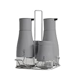 Set Condimento 4 Pezzi Olio Aceto Sale Pepe Vetro Acciaio Certificato Per Alimenti Organizzatore Acciaio Inox Con Stand In Metallo Condimenti Tavola Oliera Saliera Dispenser Tavola Organizer - Grigio