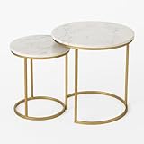 Generico DOMUSTREND Set 2 Tavolini da Salotto Rotondi, Piano Effetto Marmo Bianco e Base Oro, 44x44x40 cm e 34x34x35 cm, Stile Moderno Scandinavo