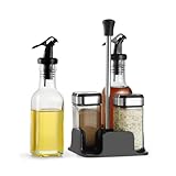 SIAZIH Set di barattoli per spezie girevoli, 2 barattoli per spezie da 120 ml, rettangolari, 1 portaspezie, 2 bottiglie per olio di aceto, spezie per spezie, sale