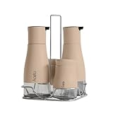 IlGruppone Set Condimento 4 Pezzi Olio Aceto Sale Pepe Vetro Acciaio Certificato per Alimenti Organizzatore Acciaio Inox con Stand in Metallo Condimenti Tavola Oliera Saliera - Azzurro (Biscotto)