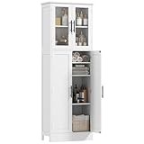 HOMCOM Mobile Bagno Alto con Ante in Vetro e 2 Armadietti, Mobiletto Bagno Salvaspazio con Ripiani Regolabili, Armadio da Terra per Sala da Pranzo Salotto Soggiorno Cucina, 60x30x170 cm, Bianco