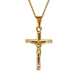 DVRK® Crocifisso Collana Uomo Oro 18k con Base in Acciaio Inossidabile 316L - Collana Croce Uomo 55 cm Resistente all'Acqua - Catena, Rosario, Gold Crucifix, Cross, Regalo