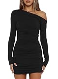 AMABILEMIA Vestito Donna Corto Invernale Mini Abito Elegante Maniche Lunghe Tubino Sexy Nero Monospalla Vestiti da Sera Inverno AM223 (IT, Testo, S, Regular, Regular, Nero)