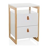 hjh LIVING Comodino con 2 cassetti TAROLO III Tavolino con ripiano Aperto, Maniglia in Similpelle, Mobile con Struttura in bambù, Bianco