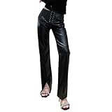EMOTTOS Pantaloni in Pelle, Pantaloni a Vita Media con Cinghie Regolabili, Jeans Slim Fit in Pelle PU con Fondo Diviso, Elastici Leather Pants Streetwear per Feste in Discoteca, Nero, S