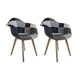HOME DECO FACTORY - Set di 2 poltrone per soggiorno, sala da pranzo, multicolore Patchwork Scandivave legno, tessuto blu grigio HD6501, 59,00 x 64,50 x 85,00 cm