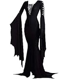 LVCBL Abito da Morticia Addams, da strega, gotico, per Halloween, costume sexy, senza spalline, colore nero, XL, Nero , xxl
