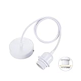 Linkind Portalampada E27 in Metallo, Lampada a Sospensione con Cavo(100CM Altezza Massima Regolabile) e Anello Filettato, Portalampada Compatibile con Paralume(Bianco)