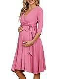KOJOOIN Abito Premaman da Donna Abito Gravidanza Incinte Abito Allattamento Scollo a V Manica Lunga con Cintura in Vita Rosa XXL