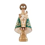 Inmaculada Romero IR Figura Vergine Di Covadonga 30 Cm. Scultura La Santina Asturie Mantello Verde In Resina