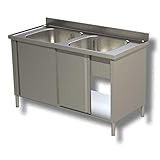 Ristoattrezzature Lavello Armadiato in Acciaio Inox - Professionale, per Cucine Ristoranti e Pizzerie - 2 Vasche 2 Porte Scorrevoli - 100x60x85h cm