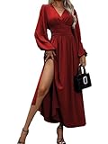 LUVCES Vestito Donna Elegante da Sera Scollo a V Tinta Unita a Pieghe Abito Lungo Casual Manica Lunga Spacchi Cerimonia Abiti Maxi Vestito Bordeaux M