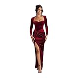 SVEETTOP Vestito Donna Abito Maxi Sexy di Velluto per Coscia con Manica Lunga per Festa e Sera - Rosso - S