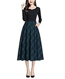 BiilyLi Gonna Lunga Invernale Donna Vintage Vita Alta Scozzese Gonne Elegante A-Linea Midi Skirt con Tasca Verde -M(Vita Elastica: 73 cm)