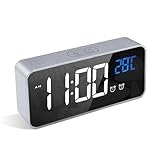LATEC Sveglia Digitale con LED Temperatura Display Orologio con 10 Suoni di Allarme Porta di Ricarica USB Dimmer di Luminosità Regolabile a Sonnellino Allarme Specchio Portatile con Doppio Allarme