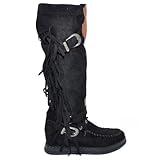 Stivali Donna Indianini Neri Scamosciati con Frange Zeppa Interna 5 cm Cinturino Fibbia Altezza Ginocchio Moda (36 EU)