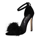 Sandali da donna con tacco alto e cinturino in piuma, sexy, con fibbia, stivali alti fino alla coscia, tacco grosso, Nero , 37.5 EU