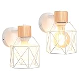 iDEGU 2 pezzi Lampada da Parete Vintage 15CM Applique da Parete in Legno Metallo Design Gabbia Industriale E27 Illuminazione Interni Lampada a Muro per Corridoio Soggiorno Camera da Letto (Bianco)