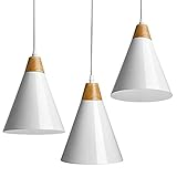 BAKAJI Set 3 Lampadari Lampade a Sospensione da Soffitto in Metallo e Legno Design Moderno Industriale Portalampada Bianco E27 Lampadina Max 25W Illuminazione Arredamento Casa con kit Montaggio