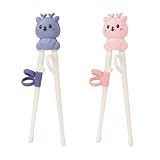 2 Paia Bacchette Sushi Bambini,Bacchette Cinesi, Bacchette da Addestramento, Chopsticks Riutilizzabili, Bacchette Helper da Allenamento dal Design Simpatico Cartone Animato,blu + rosa