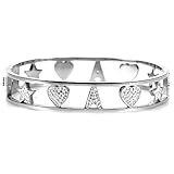 Flowers Bracciale Rigido a Manetta Interamente in Acciaio e zirconcini con Lettera Iniziale Nome e cuori Colorazioni Oro e Argento (Argentato, A)