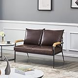 LEMROE Divani 2 Posti Moderno in Pelle con Struttura in Metallo e Braccioli in Legno per Soggiorno Camera degli Ospiti Ufficio (Marrone scuro, 2 posti)