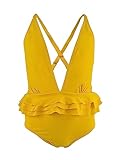 Costume da Bagno Intero con Volant per Bambine e Ragazze con Scollo a V e Incrocio Posteriore cod.2200 (8-10 Anni, 2206 Giallo)