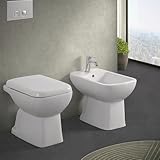 Coppia wc e bidet con brida e scarico a pavimento, in ceramica bianco lucido con copriwater originale, serie GINEVRA