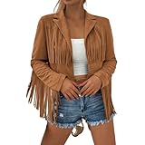 Gefomuofe Giacca in pelle da donna, con frange, nappa, costume tradizionale cowgirls, cappotto western a maniche lunghe, giacca da motociclista, marrone, L