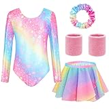 Body Ginnastica Artistica Bambina, Set 5 Pezzi con Body Maniche Lunghe, Gonna da Balletto, Fascia Capelli, Polsini, Completo per Ginnastica, Danza e Spettacoli, 4-9 Anni