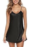 Lovasy Sottoveste Sexy in Seta Spalline Regolabili Camicia da Notte in Raso Donne Babydoll Vestaglia con Scollo a V Ladies Nightwear, Nero L