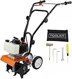 Motozappa a Scoppio, Motore 52cc, Larghezza di Lavoro 30 cm, Profondità 15 cm, Kit Attrezzi Incluso, Zappa per Terreno