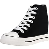 wealsex Donna Zeppe High-Top Scarpe di Tela Traspirante Nascosto Zeppe Scarpe Casual Sneaker Donna (Nero,35)