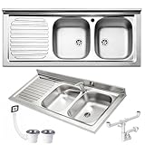 Lavello FHULLER Monostampo Da Appoggio 120X50 In Acciaio Inox AISI 304 Con Due Vasche a DESTRA e Gocciolatoio a SINISTRA Per Sottolavello da 120 Cucina Componibile Modello Pisa PI1202MLPC