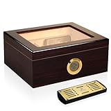 Humidor per Sigari,SLEGE Cedro Spagnolo Humidors Sigar Fatto Mano,Digitale Igrometro,Divisorio,Umidificatore Sigari Humidor,Piano Vetro,Scatola porta(30-50 sigari)Italiano Manuale Tobacco Storage Box