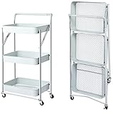 Carrello Cucina Pieghevole Multiuso con Manico 3 Ripiani Cestelli 4 Ruote girevoli e Freno Integrato in Metallo Trolley Salvaspazio da Servizio Bianco