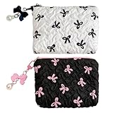 MLPKOI 2 Pezzi Piccola Borsa per Il Trucco per Borsa, Beauty Case da Viaggio Pochette Donna Trucchi con Texture Goffrata Pieghettata, Fiocco e Ciondolo di Perle, Nero e Bianco