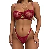 heekpek Donna Completo Intimo Hot Babydoll Sexy Lingerie Aperto 2 Pezzi Soft Reggiseno Pizzo con Ferretto e Perizoma (Vino Rosso, S)