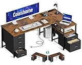 Coleshome Scrivania Angolare con Tessuto Cassetti, Reversibile Scrivania a l con Cassetto Portadocumenti, Scrivania per Computer con Porta di Ricarica USB e Presa di Corrente (Marrone, 140x70cm)