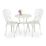 Relaxdays Set da Bistrot da 3, Tavolino da Giardino, 2 Sedie da Balcone, in Alluminio Stile Ferro Battuto, Bianco Bronzo, 65x60 cm
