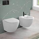 Sanitari sospesi con risciacquo a vortice e copriwc soft-close, sistema di scarico universale a parete, serie TAO