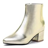 Stivaletti Eleganti Donna,Stivaletti Classici a Punta con Tacco Medio Spesso,Cerniera Laterale,Stivaletti alla Moda Autunno Inverno,Stivali Chelsea Simplicity con Tacco Basso,d'oro,39 EU
