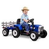 BABYCAR Trattore elettrico per bambini con rimorchio New Holland (blu) – 12 V trattore per bambini con telecomando, MP3 e licenza ufficiale