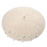 Boderier - Berretto da donna con perle e strass, in lana, invernale, caldo, cappello da artista francese, con clip per capelli all'interno - Beige - Taglia unica