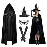 Costume da Strega di Halloween, Set 4 Costume Strega Donna, Magus Costume da Donna, con Nero Mantello da 150cm, Cappello, Guanti, Mascherina in Pizzo, Cosplay per Halloween Carnevale Cosplay Festa