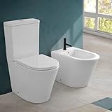 Sanitari filomuro monoblocco Rimless con scarico universale e copriwc rallentato soft-close, cassetta di scarico con fissaggi inclusi, KLAN