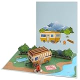 APOMOONS Biglietto Pop-Up Campeggio 3D con Caravan, Foresta e Fuoco da Campo Carta Auguri Compleanno Viaggio Pensione Regalo Originale per Campeggiatore, Papà, Mamma, Bambini, Festa del Papà