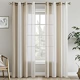 EMEMA Tende a righe trasparenti con occhielli Tende in voile Soggiorno moderno Set di 2 tende Camera da letto Trasparente con motivo Tenda a righe semitrasparente 140 x 260cm Bianco Beige