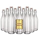 FDG - Bottiglia per acqua in vetro vuote 1 L - Set da 12 Bottiglia Costolata in Vetro con Tappo Ermetico 1 L - Bottiglie da tavola stile vintage ed elegante - Bottiglie per acqua frizzate e naturale